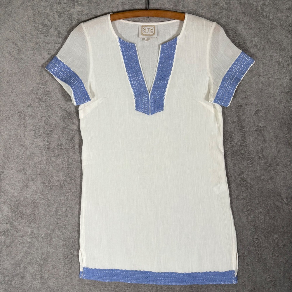 Sail to Sable Womens White Cotton Crochet Trim Split V-Neck Tunic Dress XS